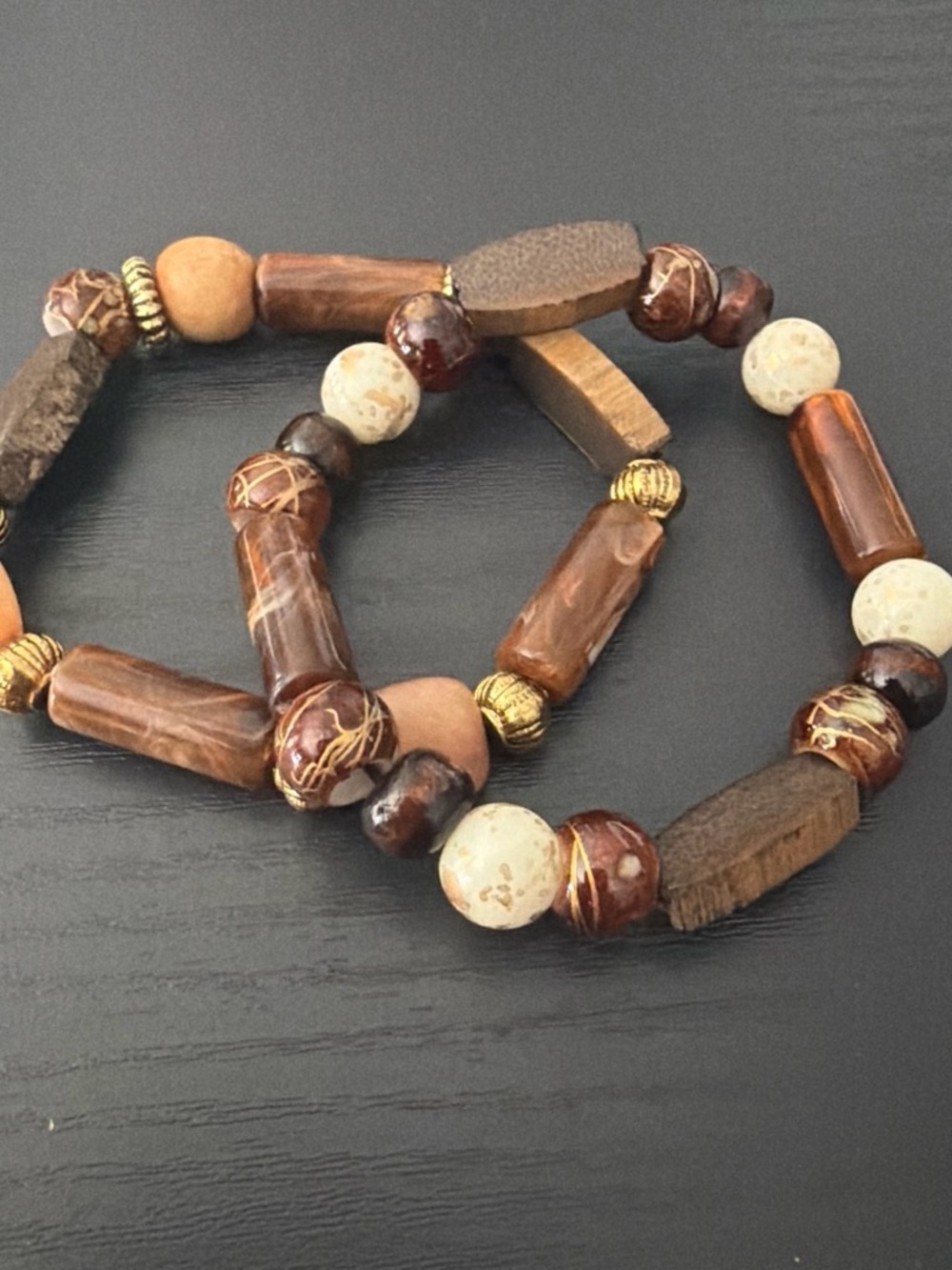 Handcrafted Brown & Cream Bead Stretch Bracelet - Women Jewelry
